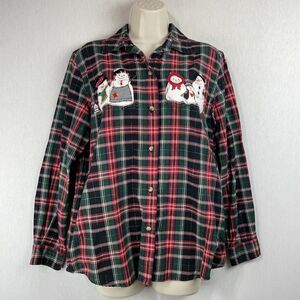Vintage Victoria Jones Flannel Plaid Shirt Size Medium Snowmen Christmas Winter